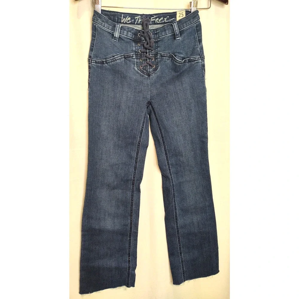 We The Free People Lace Up Dark Denim Jeans Bootcut Raw Hem Rough Size 25 - Picture 2 of 9